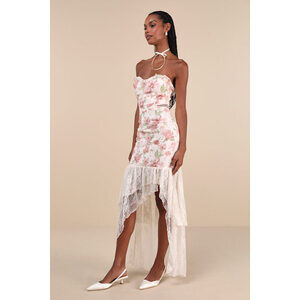 Lulus Prettiest Entrance Blush Pink Floral Lace Strapless Maxi Dress - Size L